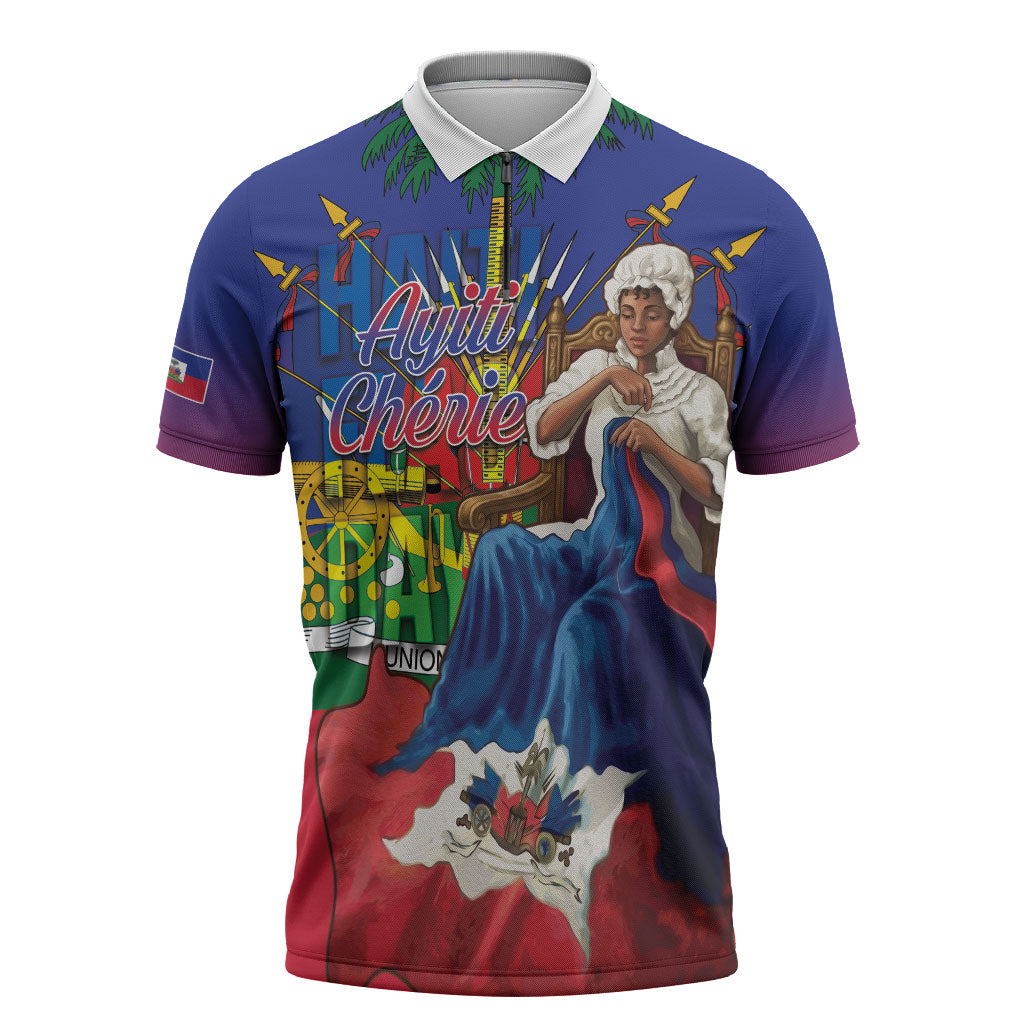Catherine Flon Haiti Flag Day Zipper Polo Shirt Ayiti Cherie Coat Of Arms