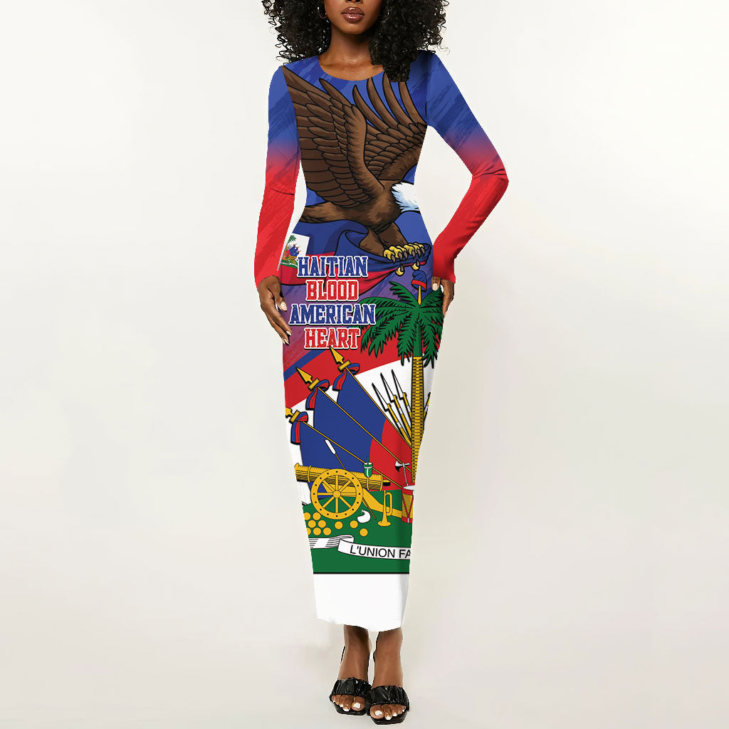 Haiti Flag Day Long Sleeve Bodycon Dress Haitian Blood American Heart Eagle With Flag