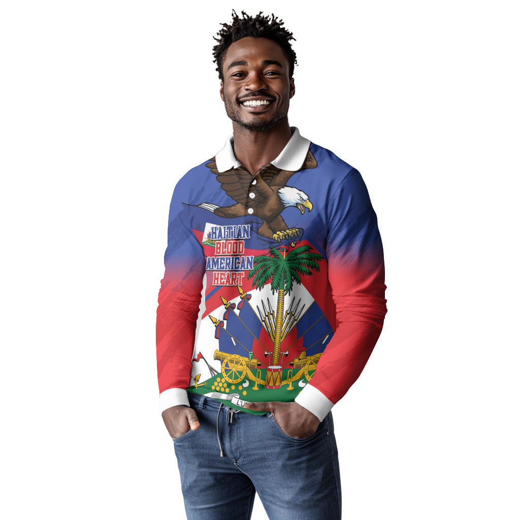Haiti Flag Day Long Sleeve Polo Shirt Haitian Blood American Heart Eagle With Flag