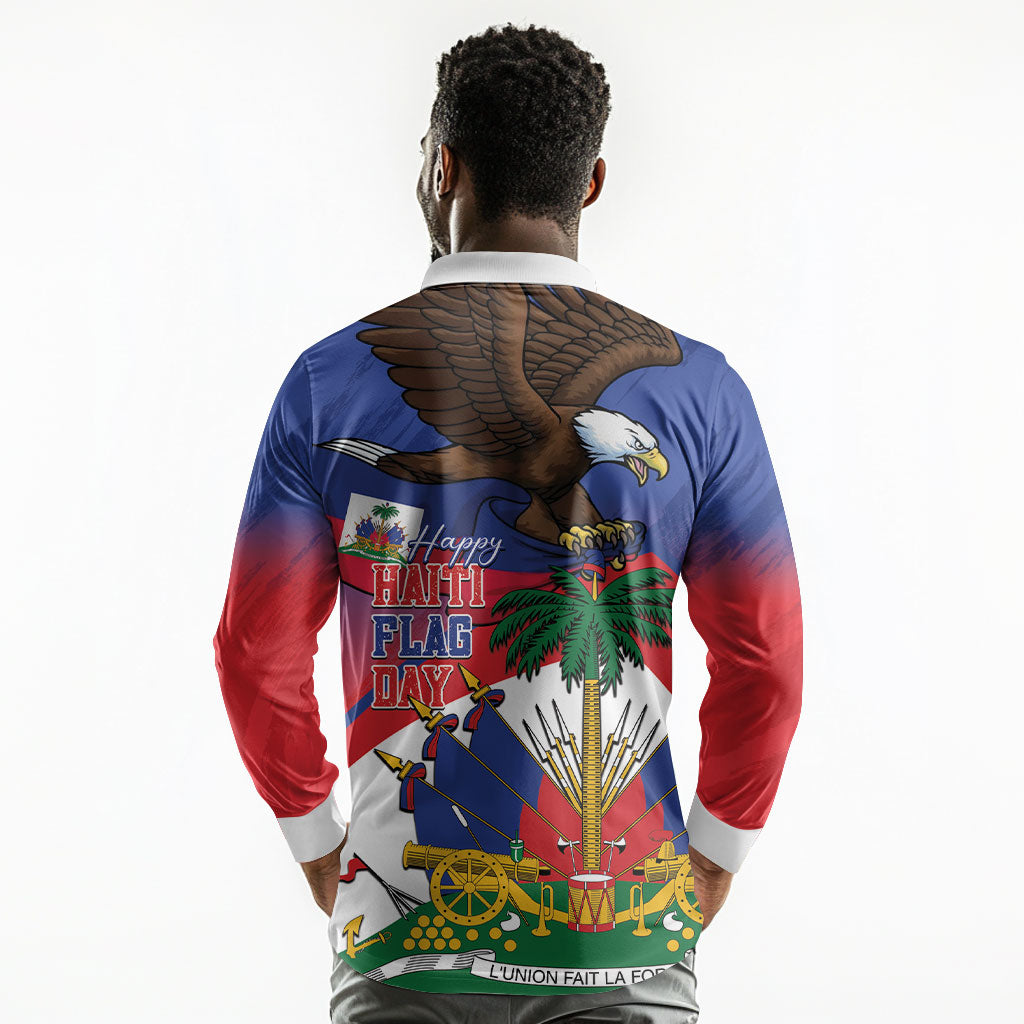 Haiti Flag Day Long Sleeve Polo Shirt Haitian Blood American Heart Eagle With Flag