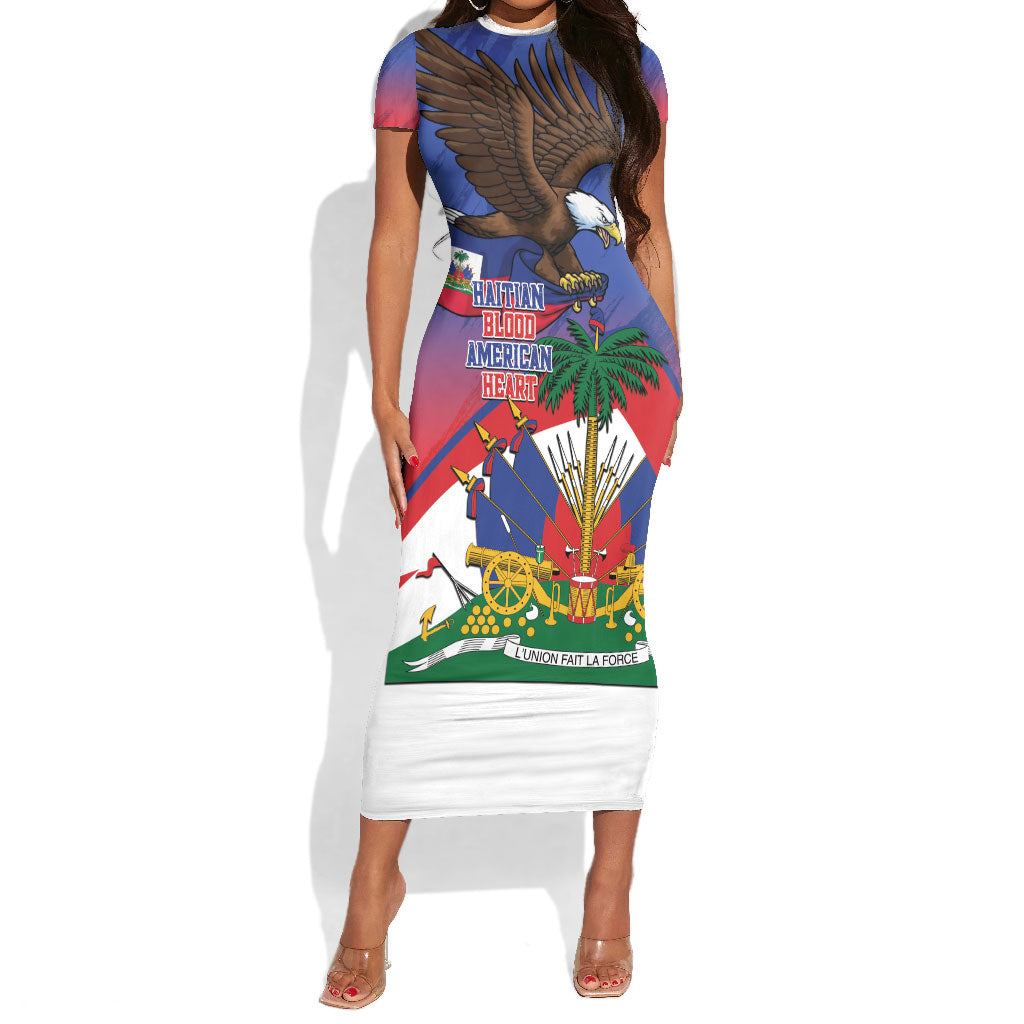 Haiti Flag Day Short Sleeve Bodycon Dress Haitian Blood American Heart Eagle With Flag