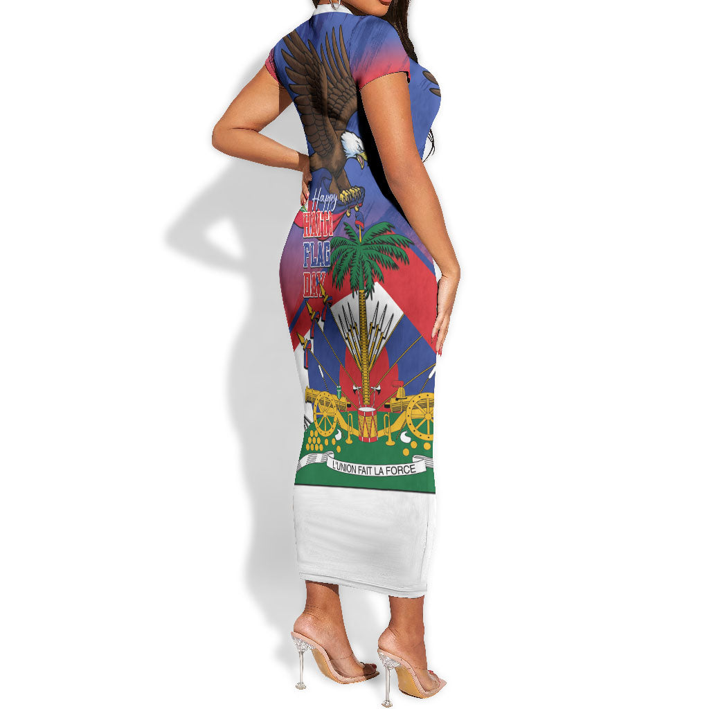 Haiti Flag Day Short Sleeve Bodycon Dress Haitian Blood American Heart Eagle With Flag