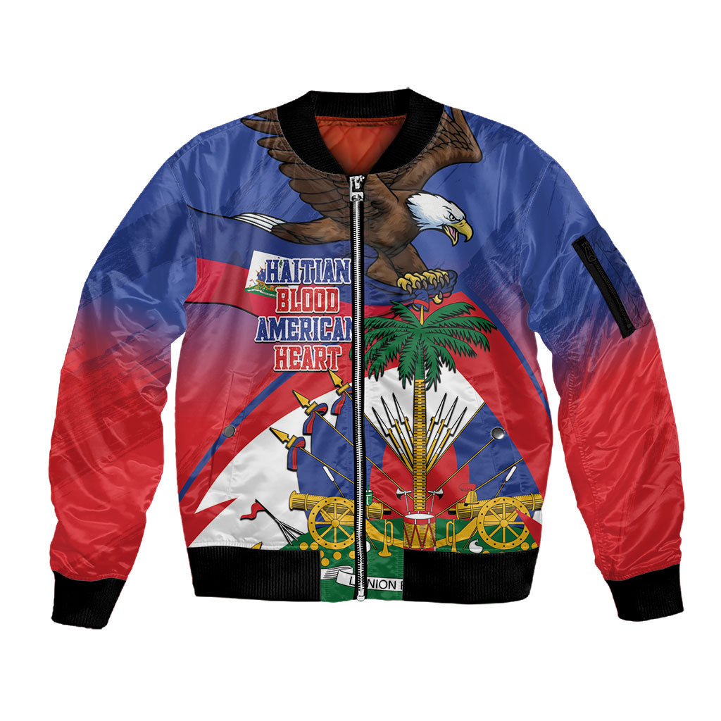 Haiti Flag Day Sleeve Zip Bomber Jacket Haitian Blood American Heart Eagle With Flag