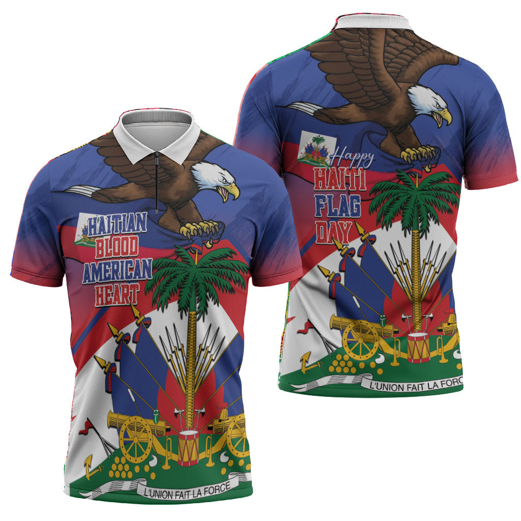 Haiti Flag Day Zipper Polo Shirt Haitian Blood American Heart Eagle With Flag