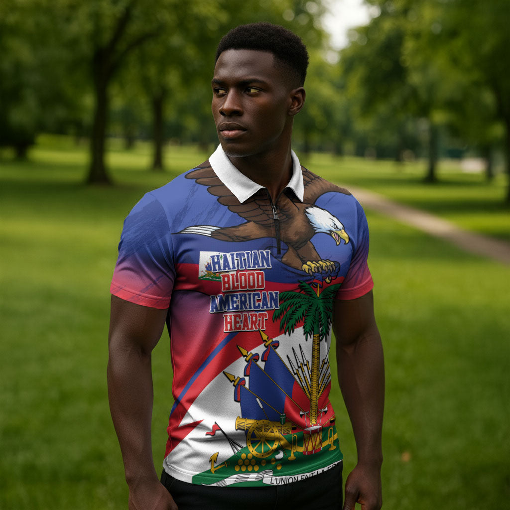 Haiti Flag Day Zipper Polo Shirt Haitian Blood American Heart Eagle With Flag