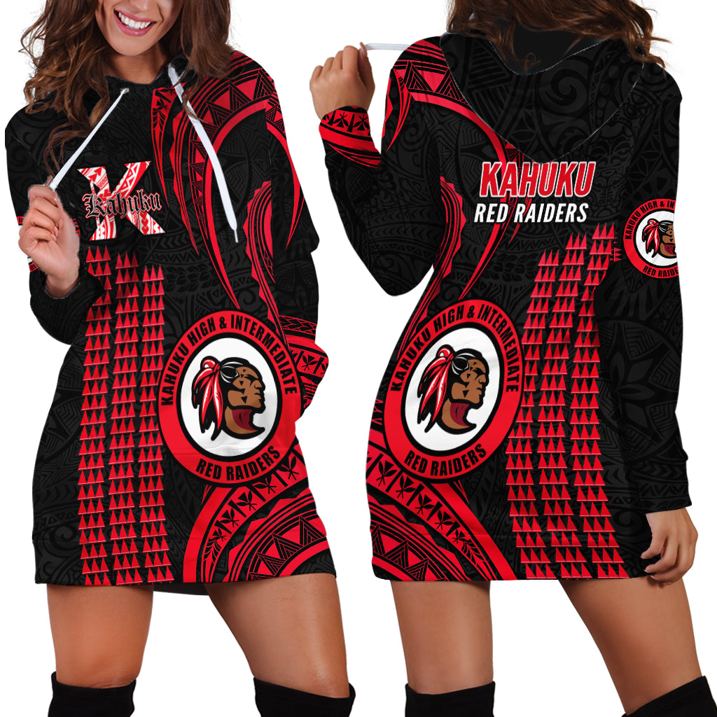 Hawaii Kahuku High And Intermediate School Hoodie Dress Red Raiders Kakau Pattern - Wonder Print Shop