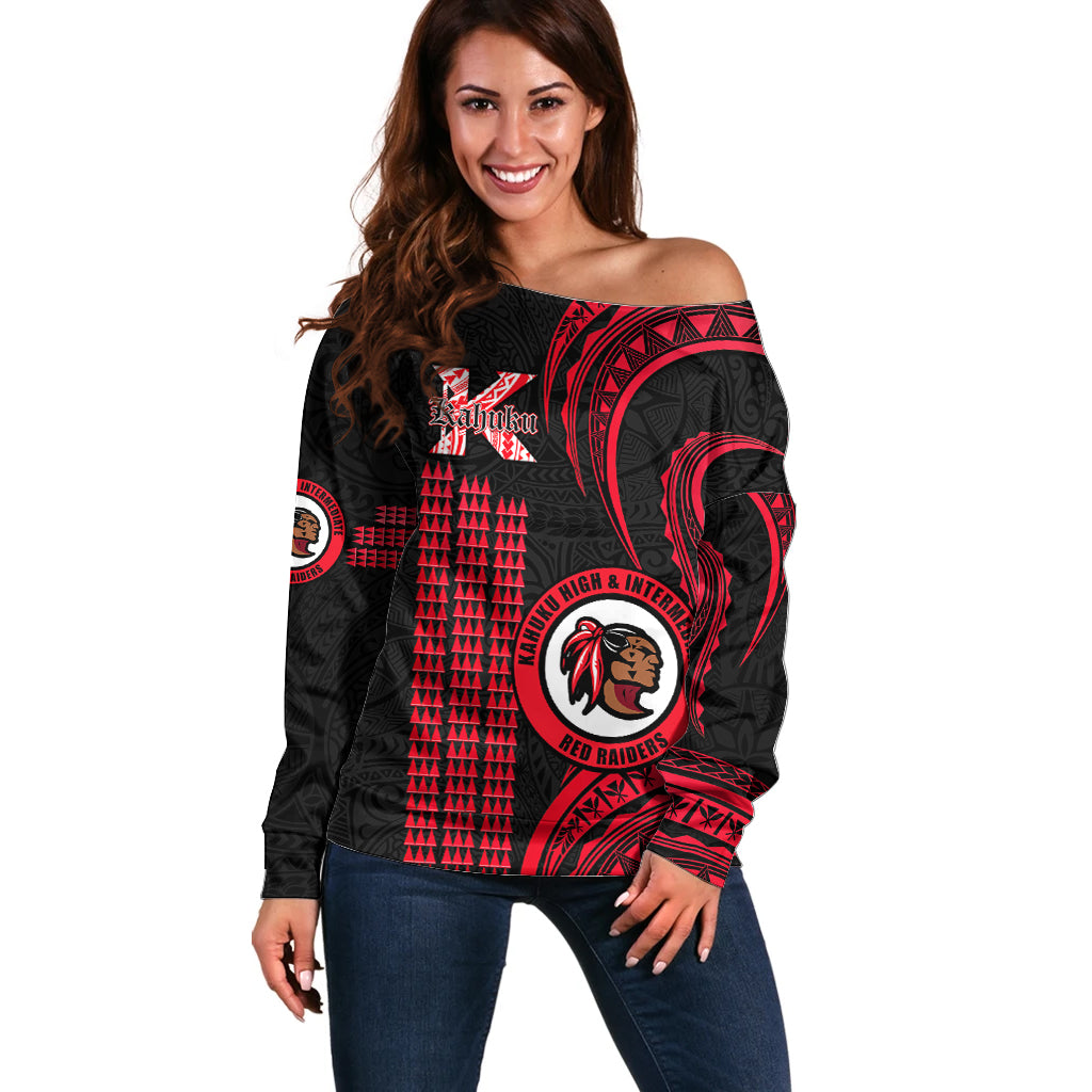 Hawaii Kahuku High And Intermediate School Off Shoulder Sweater Red Raiders Kakau Pattern - Wonder Print Shop