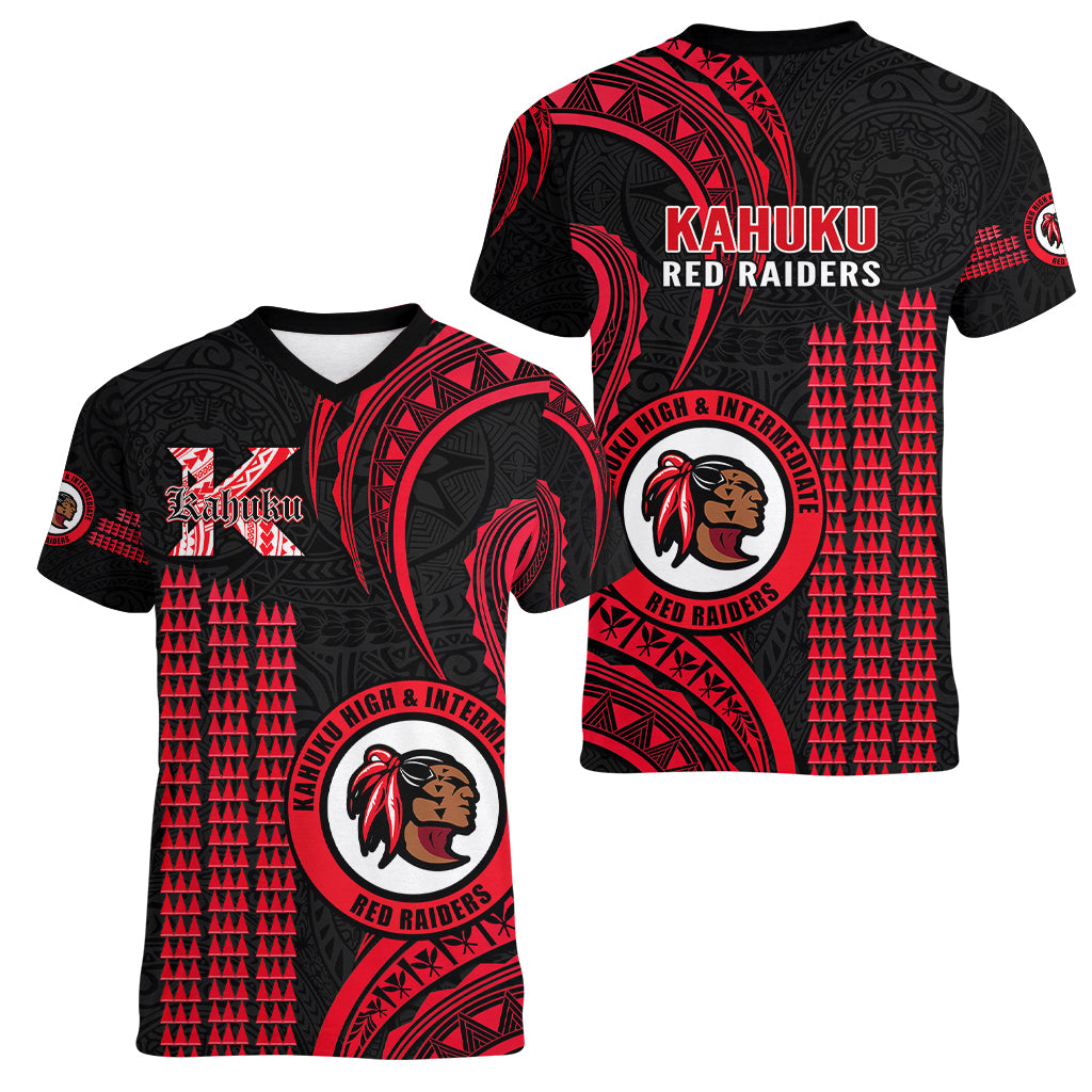 Hawaii Kahuku High And Intermediate School Women V Neck T Shirt Red Raiders Kakau Pattern - Wonder Print Shop