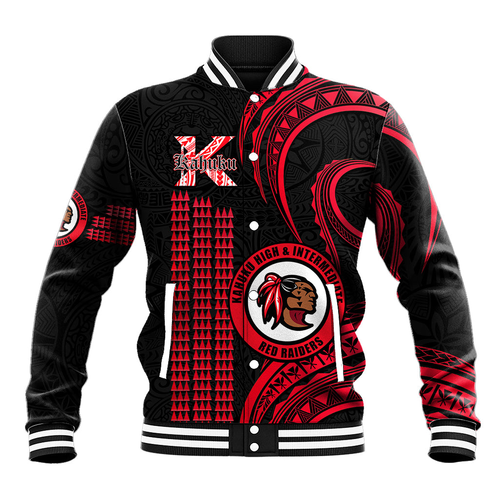 Personalised Hawaii Kahuku High And Intermediate School Baseball Jacket Red Raiders Kakau Pattern - Wonder Print Shop