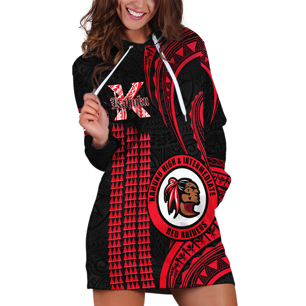 Personalised Hawaii Kahuku High And Intermediate School Hoodie Dress Red Raiders Kakau Pattern - Wonder Print Shop