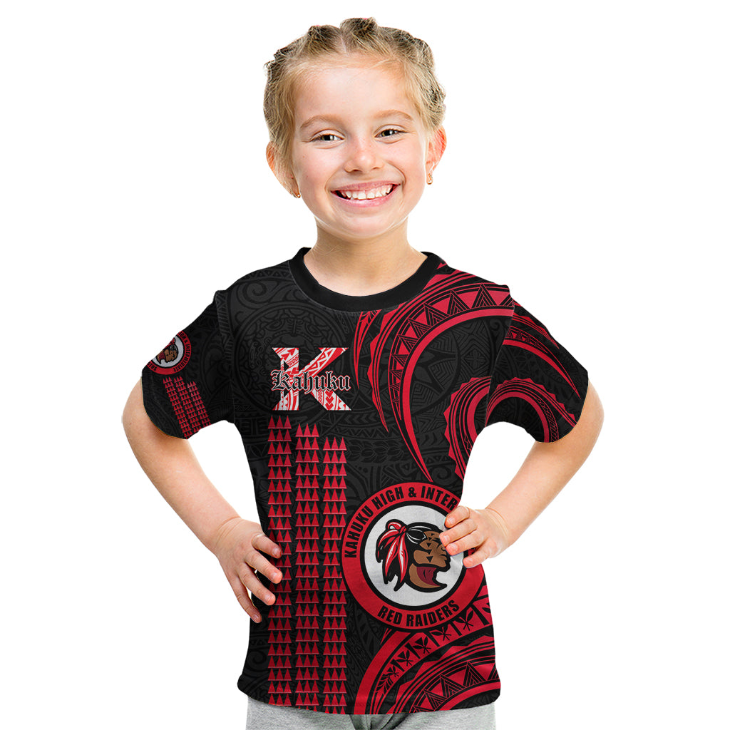 Personalised Hawaii Kahuku High And Intermediate School Kid T Shirt Red Raiders Kakau Pattern - Wonder Print Shop