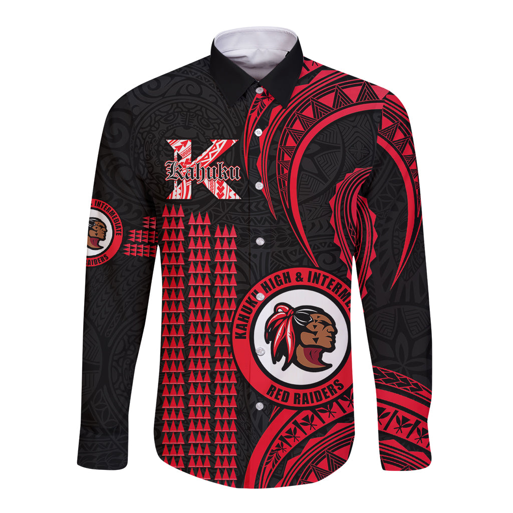 Personalised Hawaii Kahuku High And Intermediate School Long Sleeve Button Shirt Red Raiders Kakau Pattern - Wonder Print Shop
