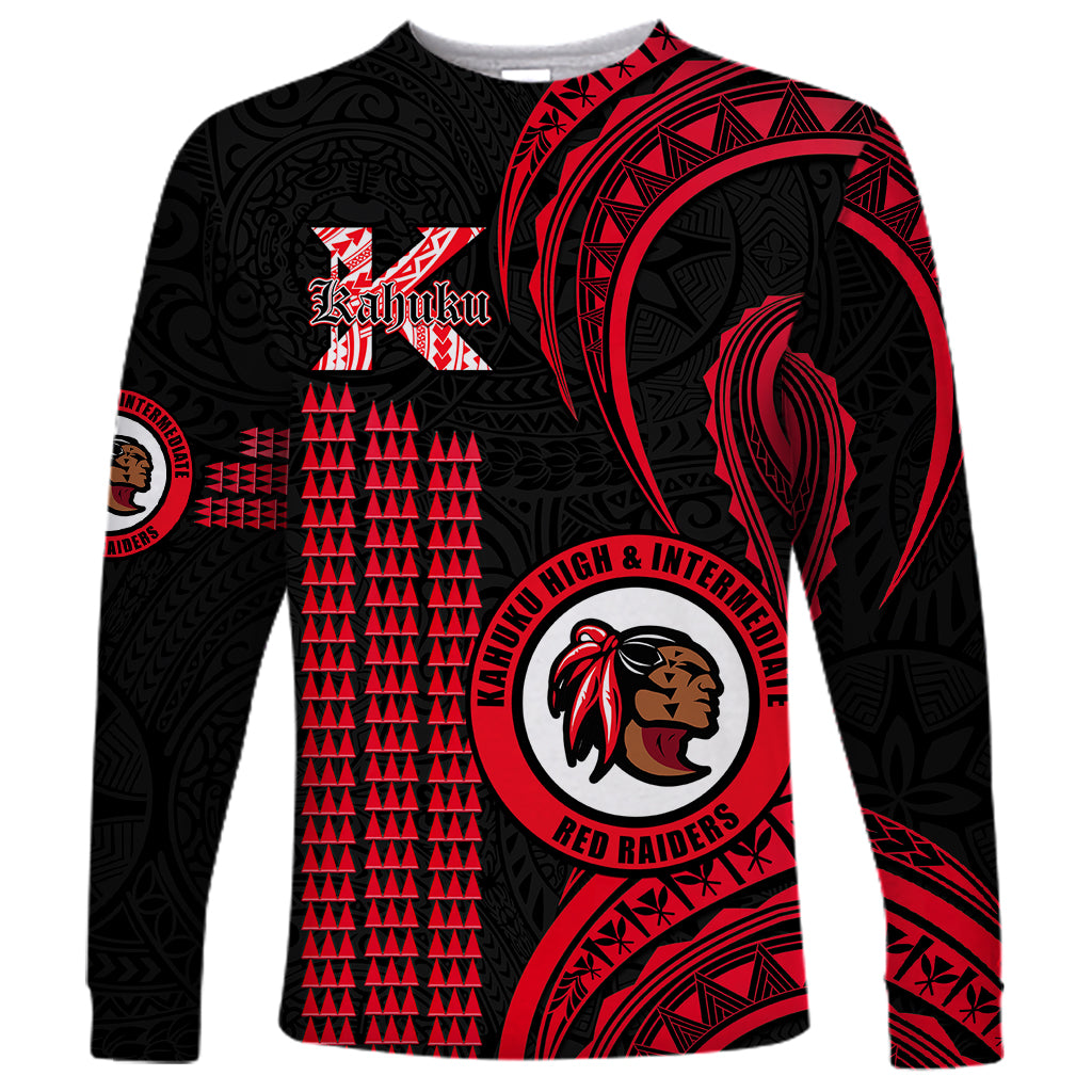 Personalised Hawaii Kahuku High And Intermediate School Long Sleeve Shirt Red Raiders Kakau Pattern - Wonder Print Shop
