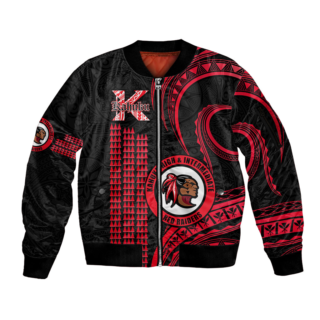 Personalised Hawaii Kahuku High And Intermediate School Sleeve Zip Bomber Jacket Red Raiders Kakau Pattern - Wonder Print Shop