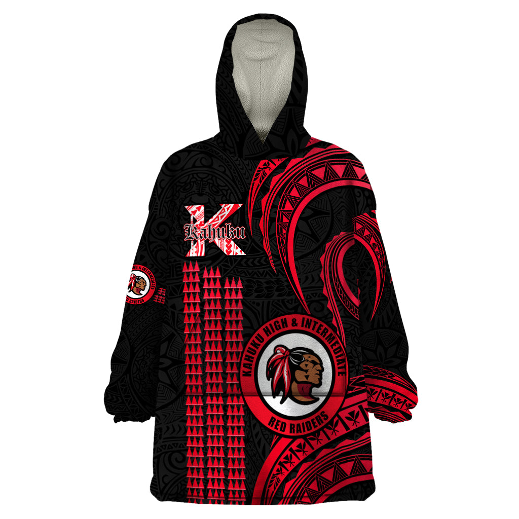 Personalised Hawaii Kahuku High And Intermediate School Wearable Blanket Hoodie Red Raiders Kakau Pattern - Wonder Print Shop