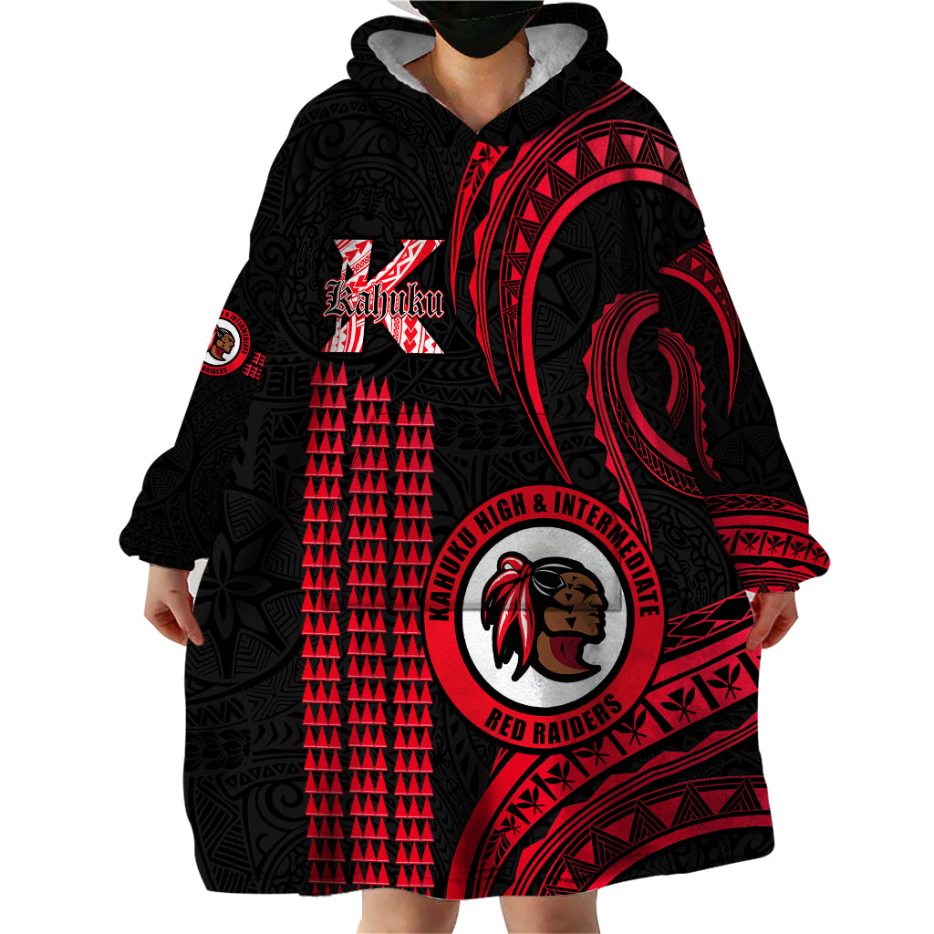 Personalised Hawaii Kahuku High And Intermediate School Wearable Blanket Hoodie Red Raiders Kakau Pattern - Wonder Print Shop