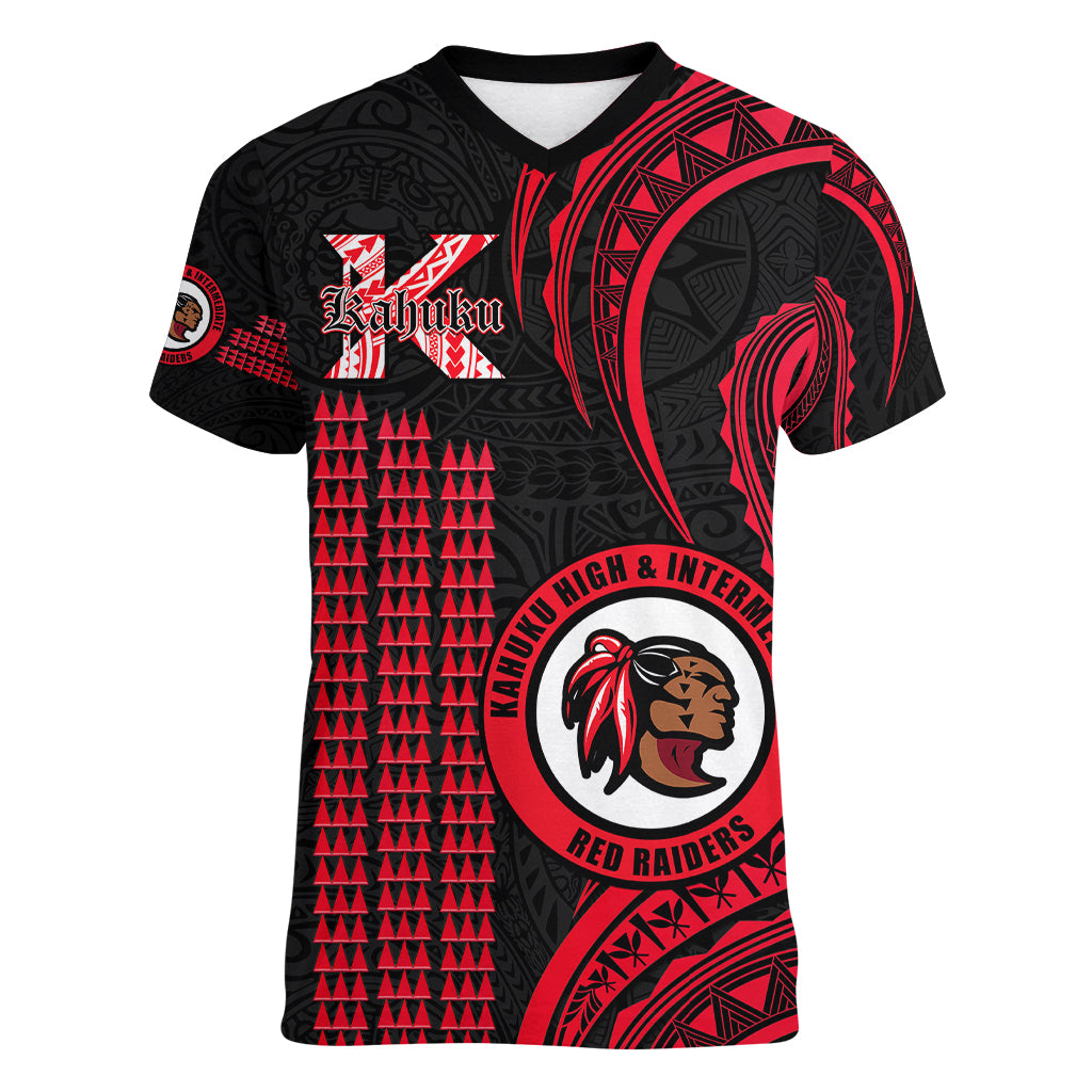 Personalised Hawaii Kahuku High And Intermediate School Women V Neck T Shirt Red Raiders Kakau Pattern - Wonder Print Shop