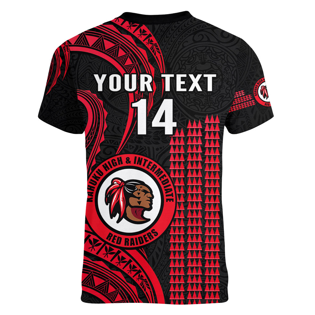 Personalised Hawaii Kahuku High And Intermediate School Women V Neck T Shirt Red Raiders Kakau Pattern - Wonder Print Shop