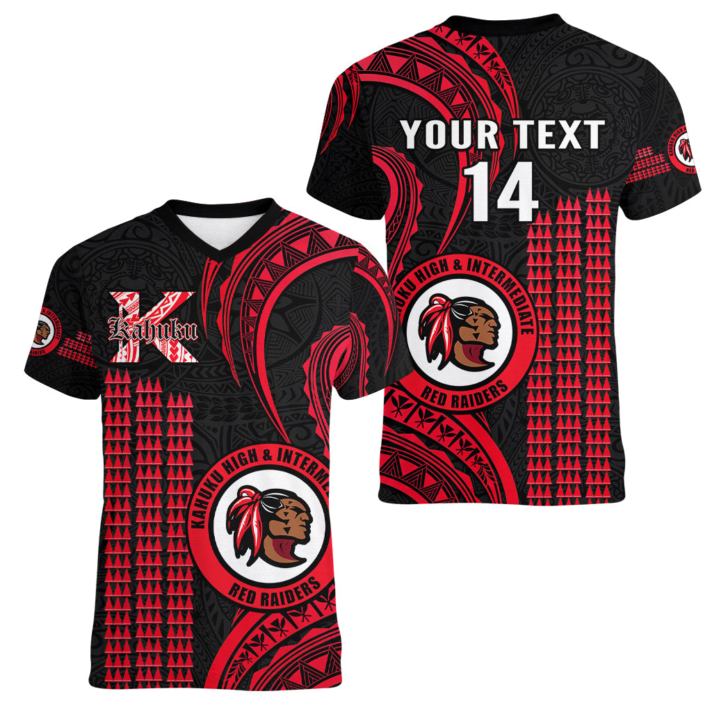 Personalised Hawaii Kahuku High And Intermediate School Women V Neck T Shirt Red Raiders Kakau Pattern - Wonder Print Shop