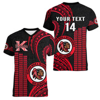 Personalised Hawaii Kahuku High And Intermediate School Women V Neck T Shirt Red Raiders Kakau Pattern - Wonder Print Shop