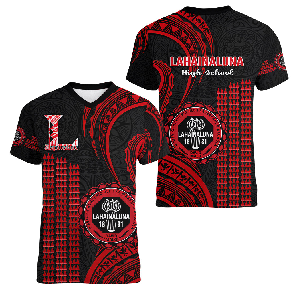 Hawaii Lahainaluna High School Women V Neck T Shirt Polynesian Kakau Pattern - Wonder Print Shop