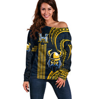 Hawaii Hilo High School Off Shoulder Sweater Vikings Polynesian Kakau Pattern - Wonder Print Shop