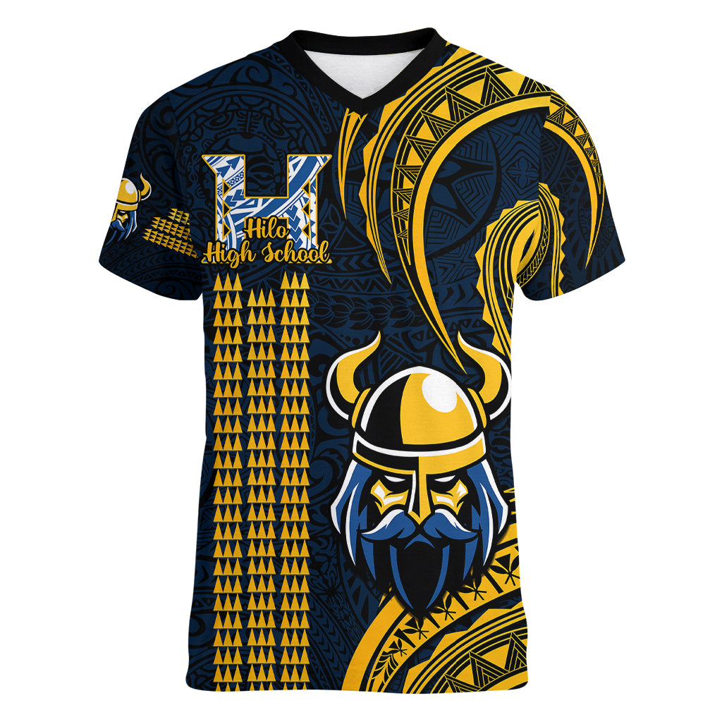 Hawaii Hilo High School Women V Neck T Shirt Vikings Polynesian Kakau Pattern - Wonder Print Shop