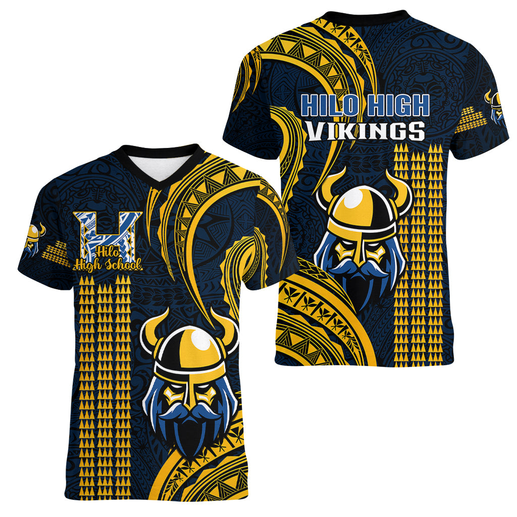 Hawaii Hilo High School Women V Neck T Shirt Vikings Polynesian Kakau Pattern - Wonder Print Shop