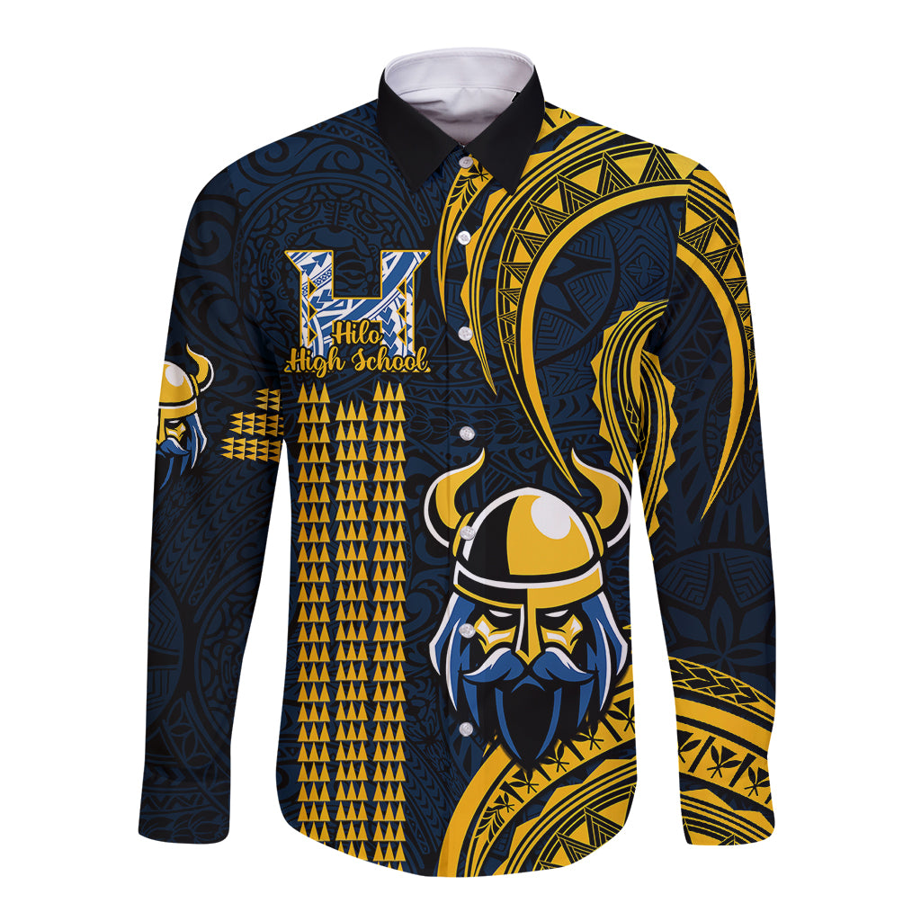 Personalised Hawaii Hilo High School Long Sleeve Button Shirt Vikings Polynesian Kakau Pattern - Wonder Print Shop