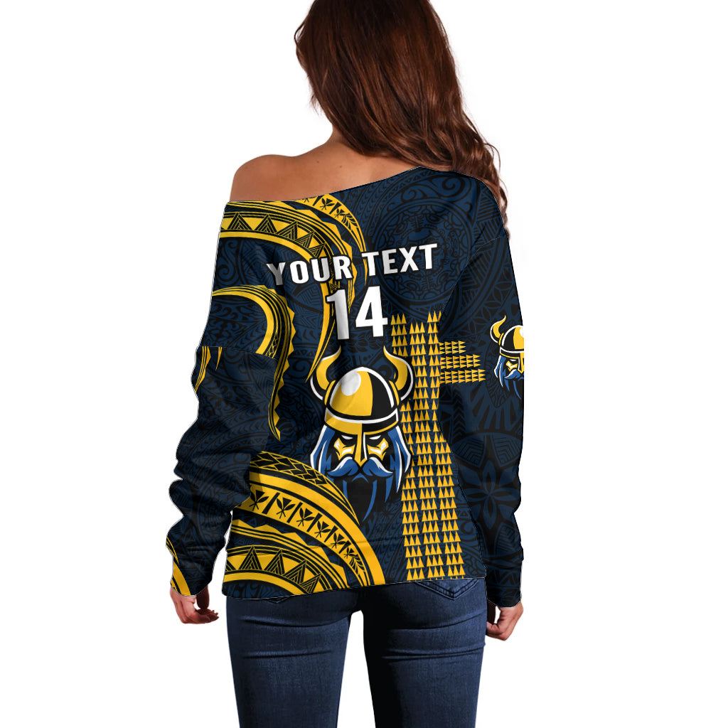 Personalised Hawaii Hilo High School Off Shoulder Sweater Vikings Polynesian Kakau Pattern - Wonder Print Shop