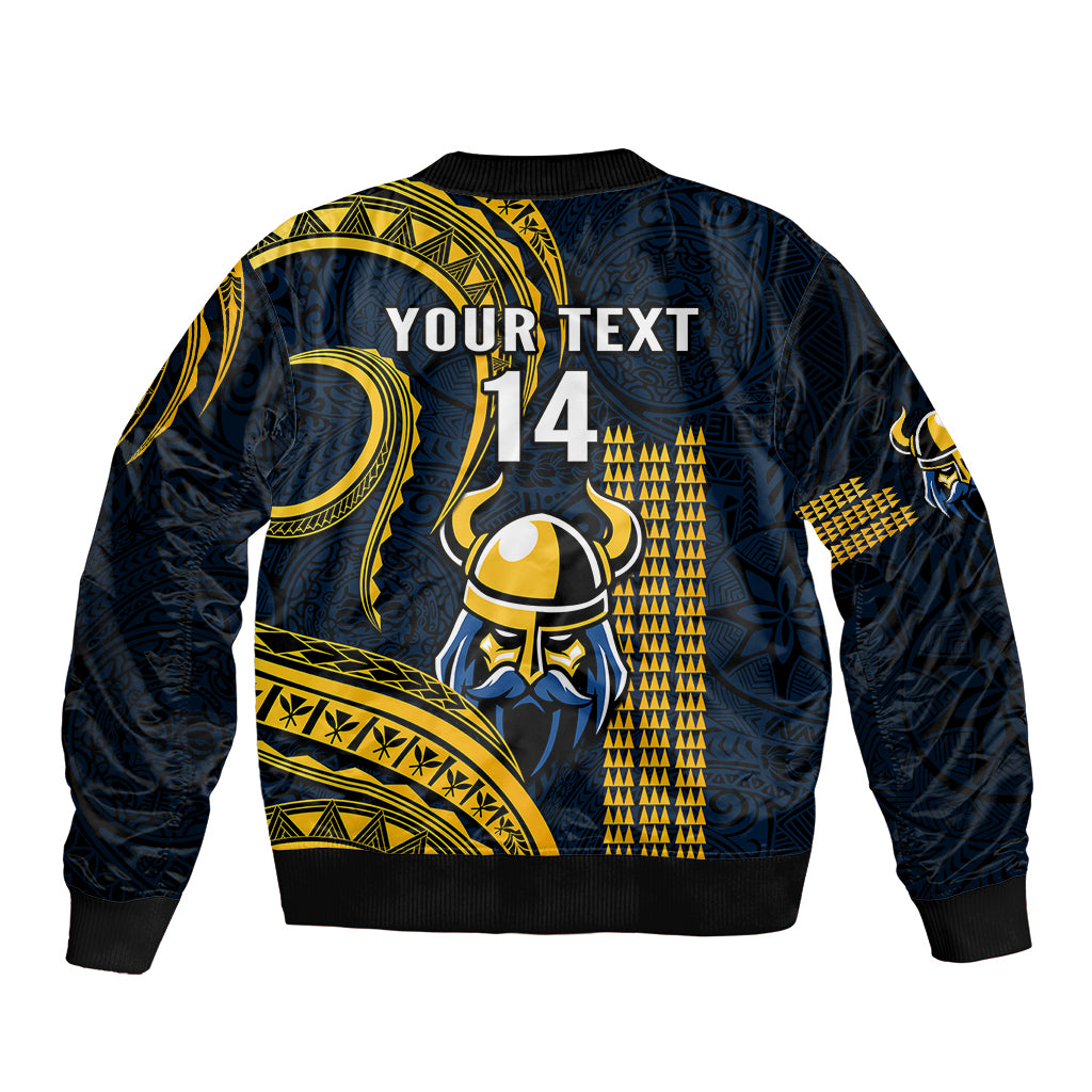 Personalised Hawaii Hilo High School Sleeve Zip Bomber Jacket Vikings Polynesian Kakau Pattern - Wonder Print Shop
