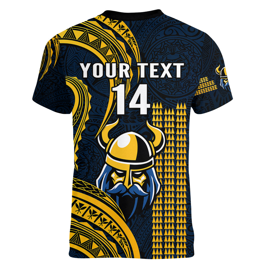 Personalised Hawaii Hilo High School Women V Neck T Shirt Vikings Polynesian Kakau Pattern - Wonder Print Shop