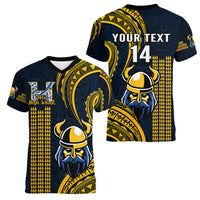 Personalised Hawaii Hilo High School Women V Neck T Shirt Vikings Polynesian Kakau Pattern - Wonder Print Shop