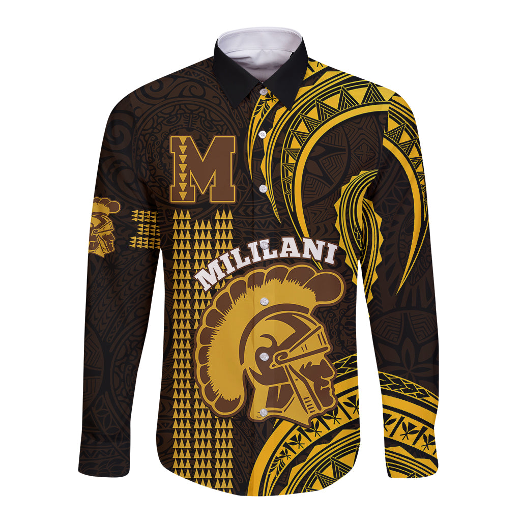 Personalised Hawaii Mililani High School Long Sleeve Button Shirt Polynesian Kakau Pattern - Wonder Print Shop
