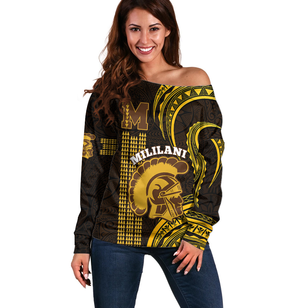 Personalised Hawaii Mililani High School Off Shoulder Sweater Polynesian Kakau Pattern - Wonder Print Shop