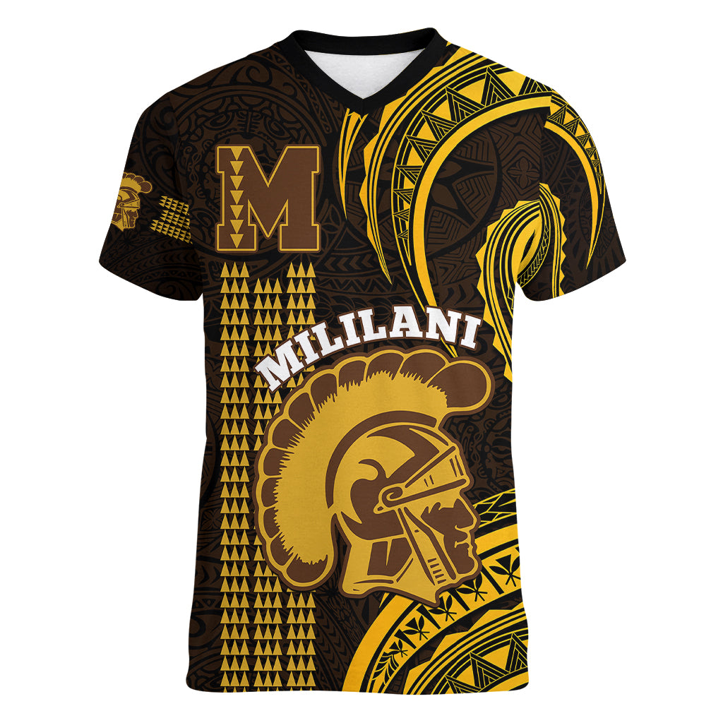Personalised Hawaii Mililani High School Women V Neck T Shirt Polynesian Kakau Pattern - Wonder Print Shop