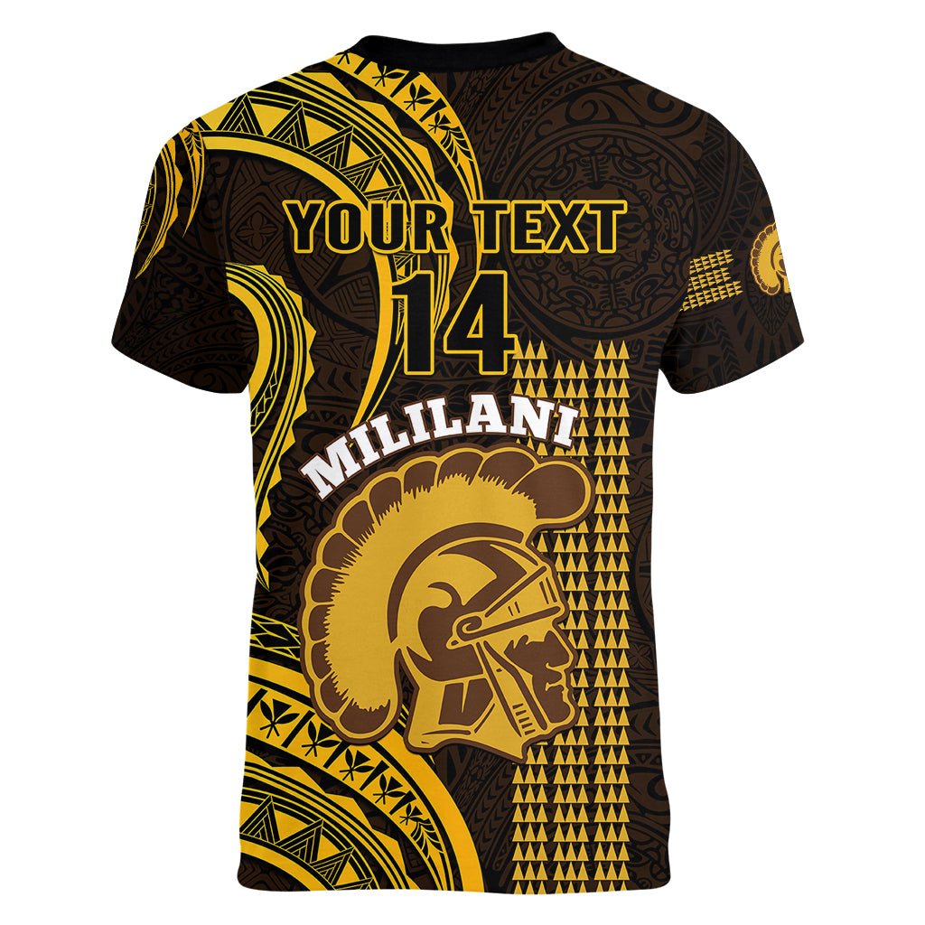 Personalised Hawaii Mililani High School Women V Neck T Shirt Polynesian Kakau Pattern - Wonder Print Shop