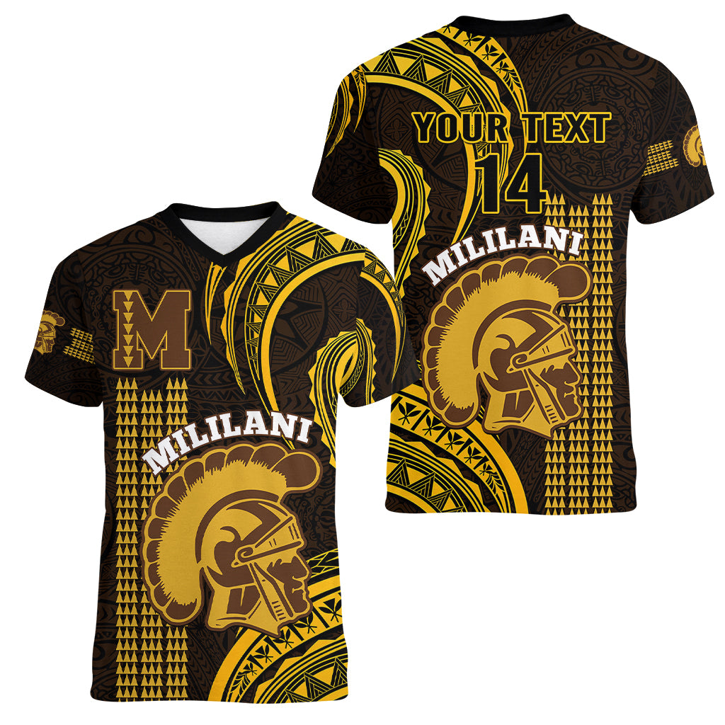Personalised Hawaii Mililani High School Women V Neck T Shirt Polynesian Kakau Pattern - Wonder Print Shop