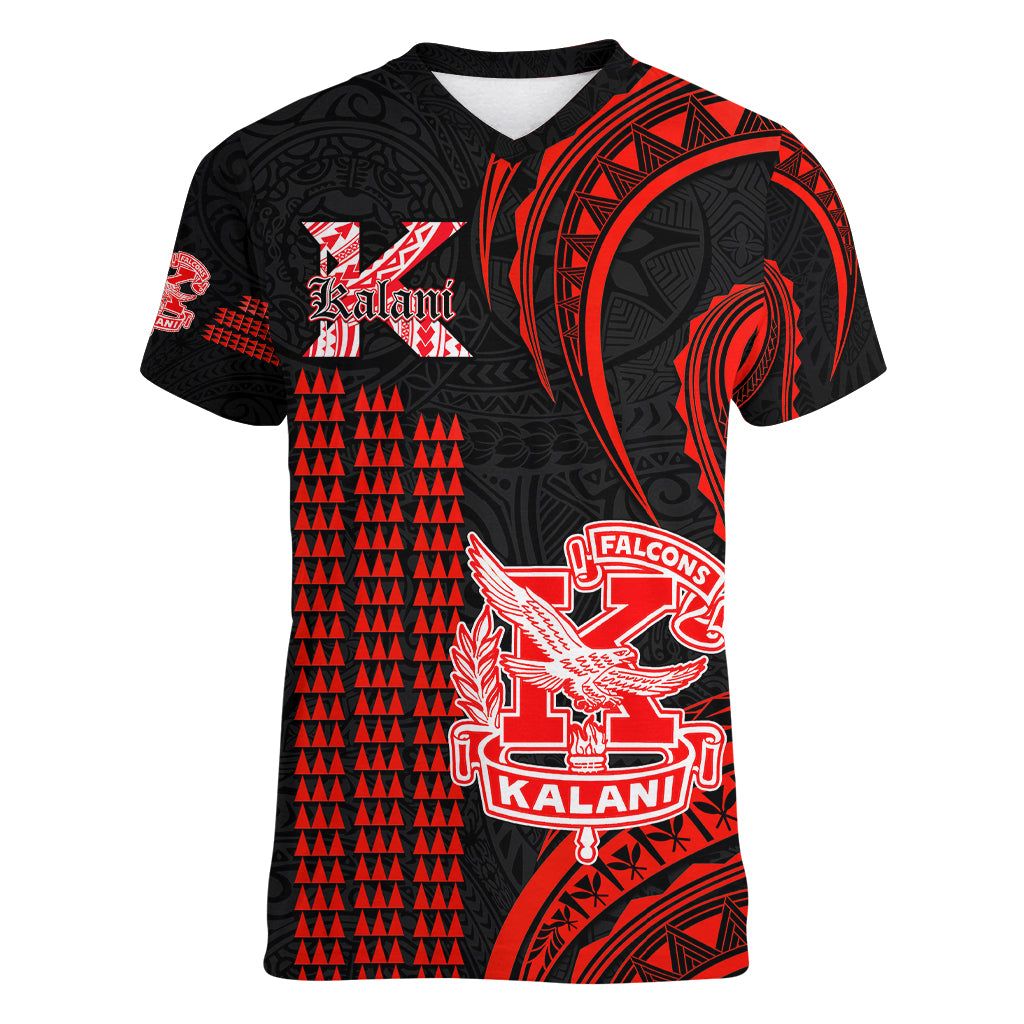 Personalised Hawaii Kalani High School Women V Neck T Shirt Polynesian Kakau Pattern - Wonder Print Shop