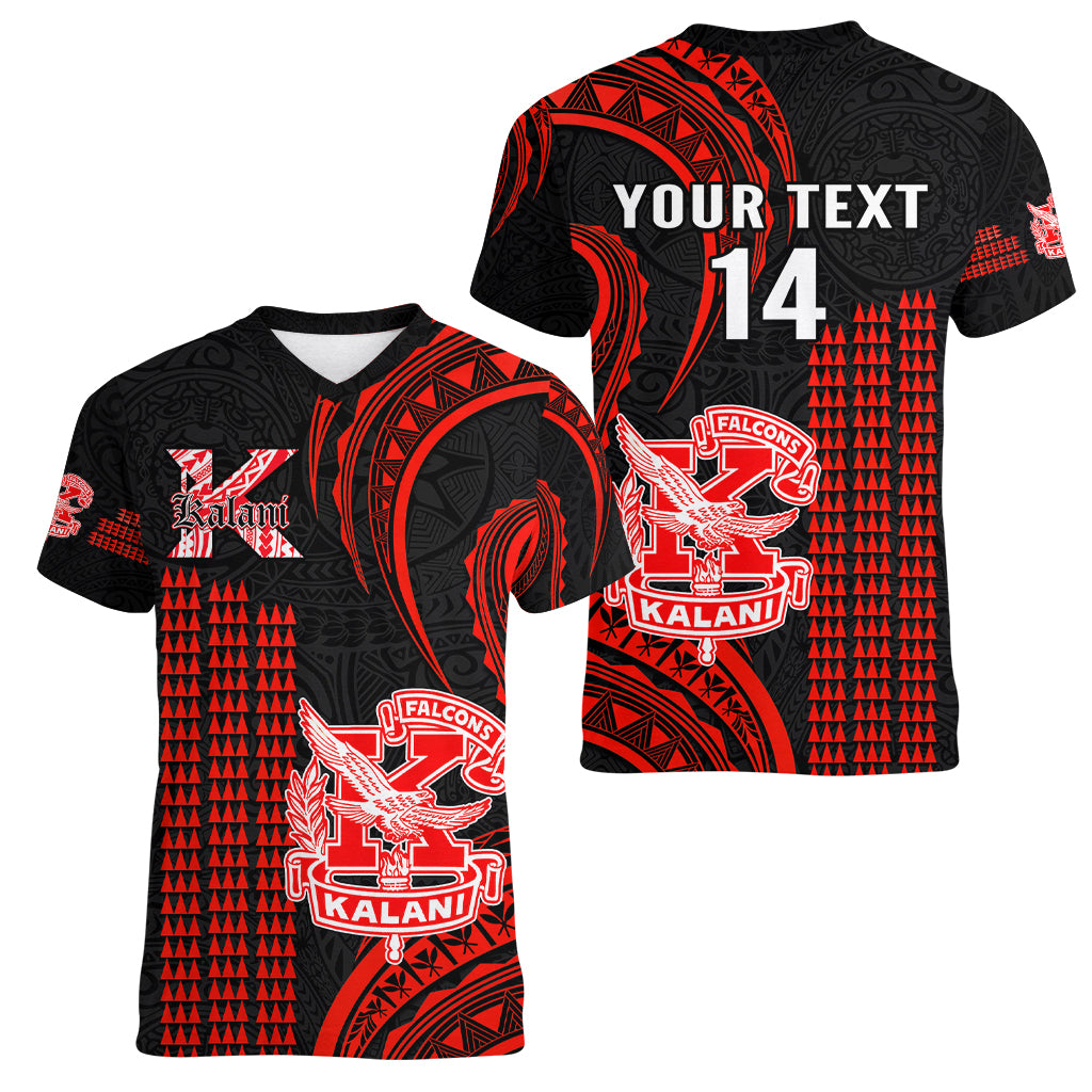 Personalised Hawaii Kalani High School Women V Neck T Shirt Polynesian Kakau Pattern - Wonder Print Shop
