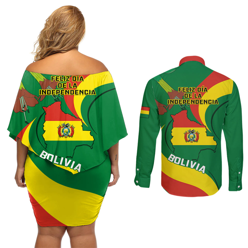 Bolivia Couples Matching Off Shoulder Short Dress and Long Sleeve Button Shirts Bolivian Kantuta Happy 198th Independence Day - Wonder Print Shop