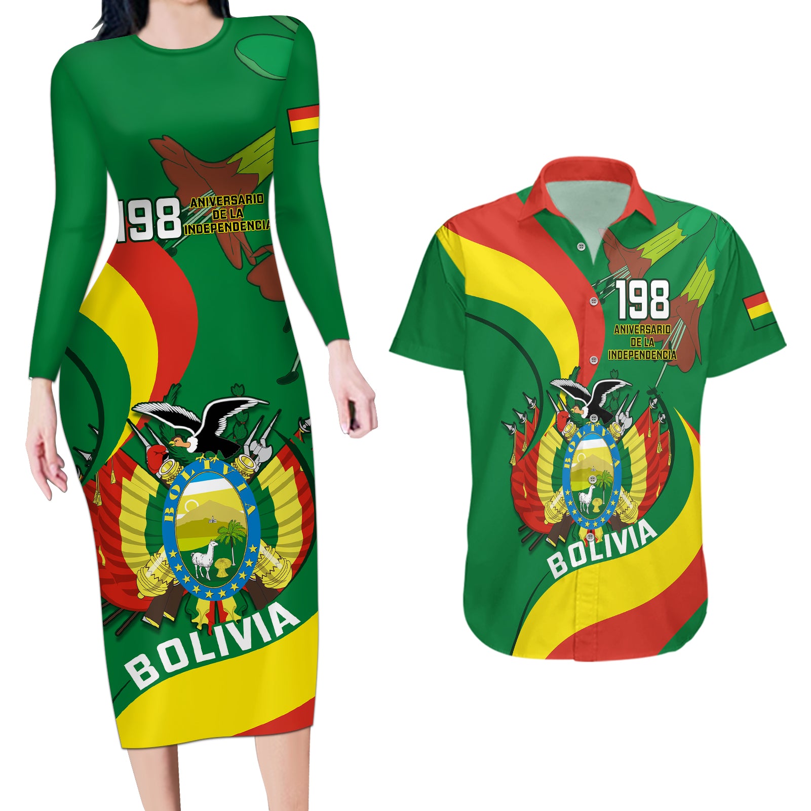 Personalised Bolivia Couples Matching Long Sleeve Bodycon Dress and Hawaiian Shirt Bolivian Kantuta Happy 198th Independence Day - Wonder Print Shop