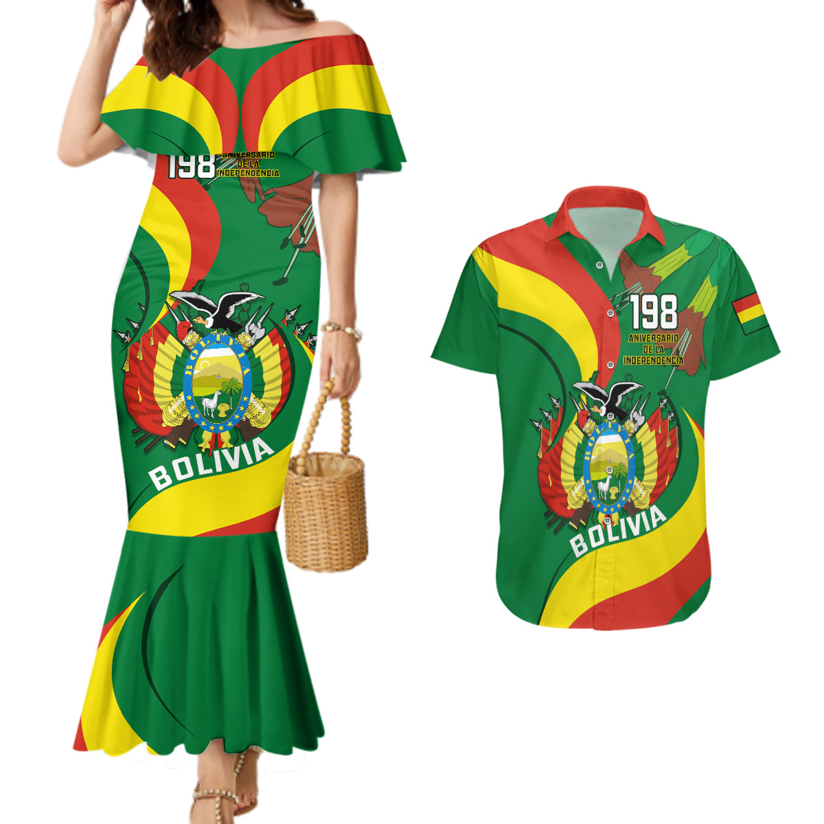 Personalised Bolivia Couples Matching Mermaid Dress And Hawaiian Shirt Bolivian Kantuta Happy 198th Independence Day - Wonder Print Shop