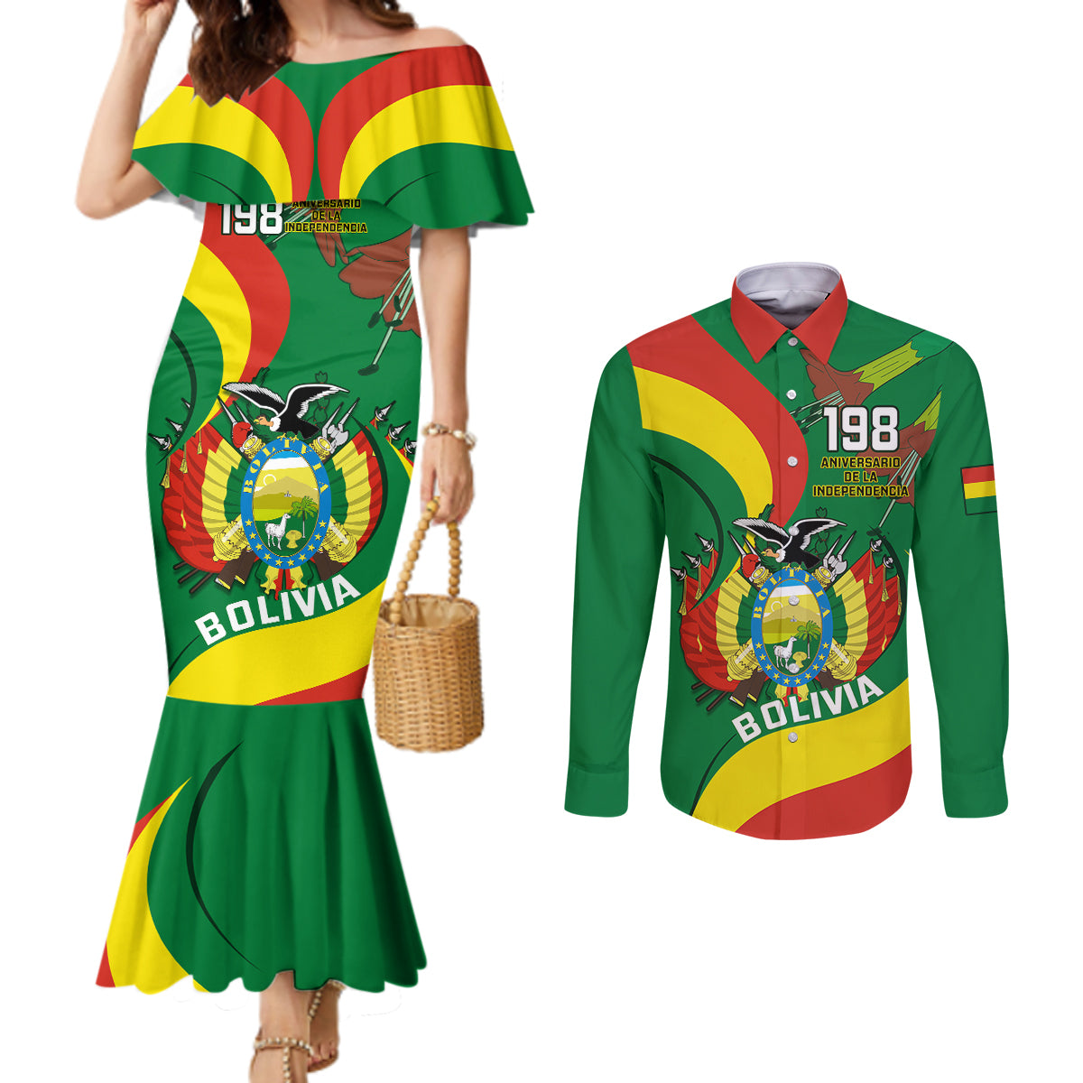 personalised-bolivia-couples-matching-mermaid-dress-and-long-sleeve-button-shirts-bolivian-kantuta-happy-198th-independence-day