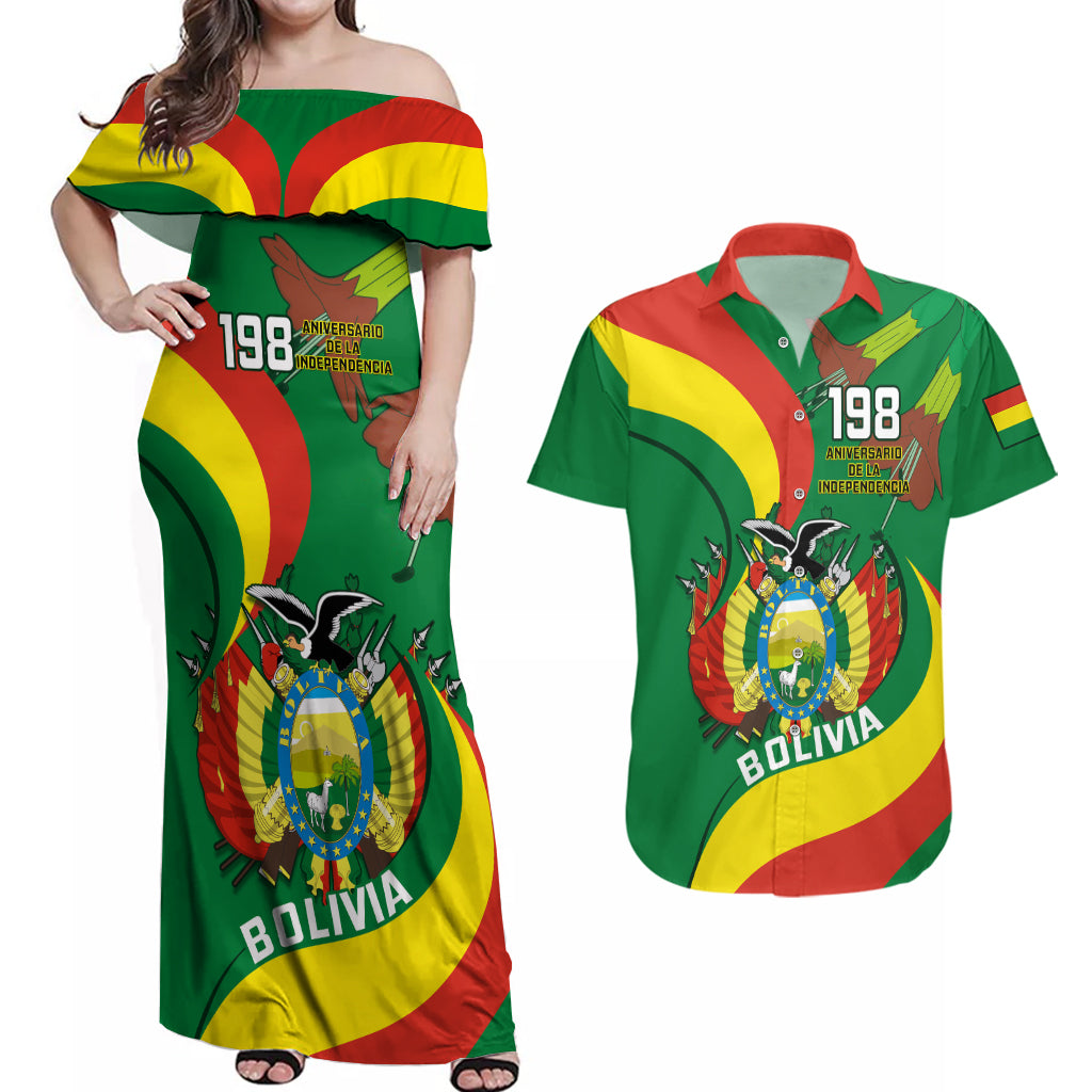 Personalised Bolivia Couples Matching Off Shoulder Maxi Dress and Hawaiian Shirt Bolivian Kantuta Happy 198th Independence Day - Wonder Print Shop