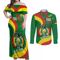 Personalised Bolivia Couples Matching Off Shoulder Maxi Dress and Long Sleeve Button Shirts Bolivian Kantuta Happy 198th Independence Day - Wonder Print Shop