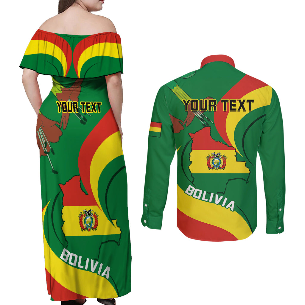 Personalised Bolivia Couples Matching Off Shoulder Maxi Dress and Long Sleeve Button Shirts Bolivian Kantuta Happy 198th Independence Day - Wonder Print Shop