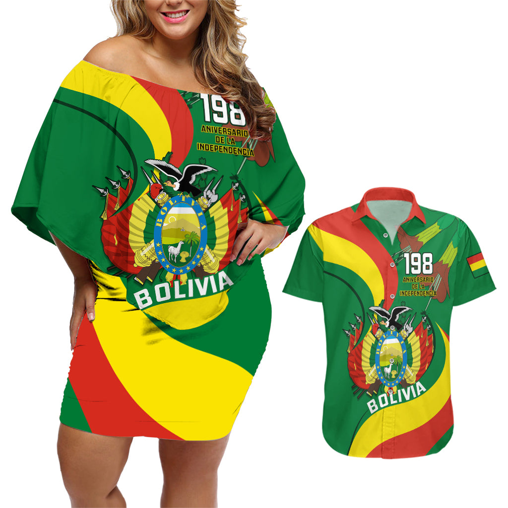 Personalised Bolivia Couples Matching Off Shoulder Short Dress and Hawaiian Shirt Bolivian Kantuta Happy 198th Independence Day - Wonder Print Shop