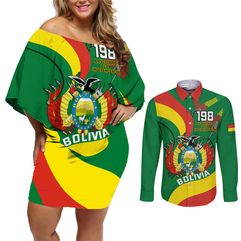 Personalised Bolivia Couples Matching Off Shoulder Short Dress and Long Sleeve Button Shirts Bolivian Kantuta Happy 198th Independence Day - Wonder Print Shop