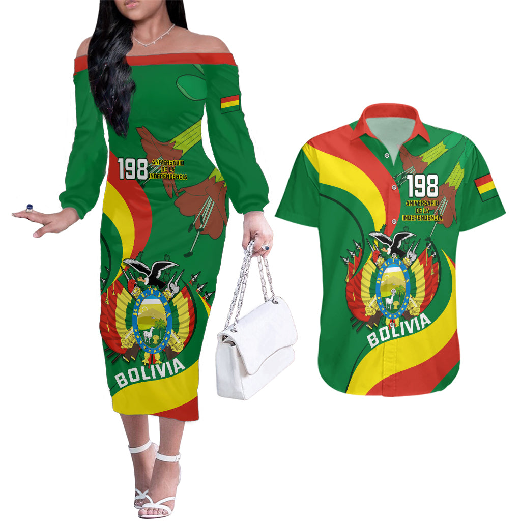 Personalised Bolivia Couples Matching Off The Shoulder Long Sleeve Dress and Hawaiian Shirt Bolivian Kantuta Happy 198th Independence Day - Wonder Print Shop